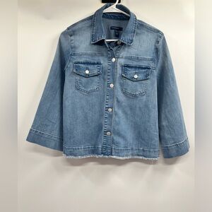 Isaac Mizrahi Live Light Blue Denim Fringed Hem Bottom Jacket Size 6